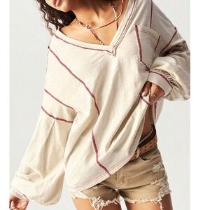 Solid Cotton V neck Reverse Stitch Loose Fit Long Sleeve Top